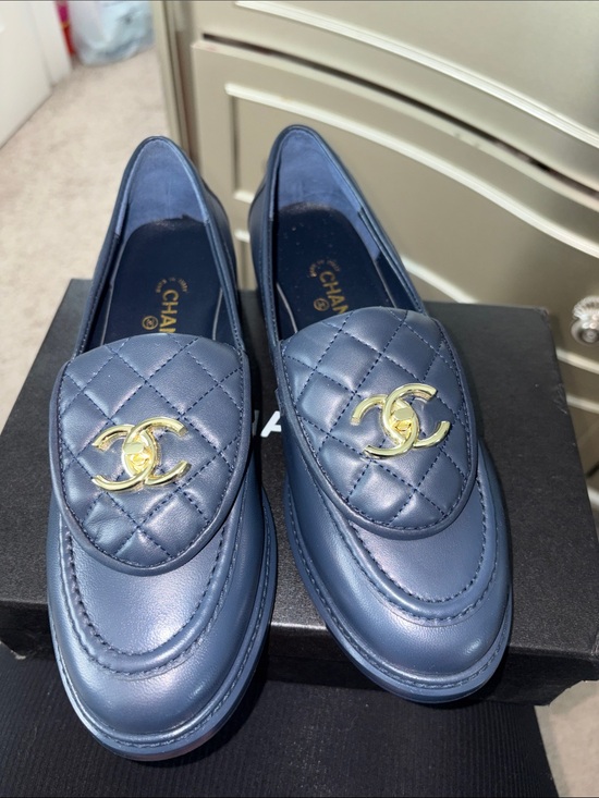 CHANEL Shoes - CC Navy Quilted Leather Loafers with Gold CC